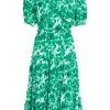 Green Floral Puff Sleeve Midi Dress