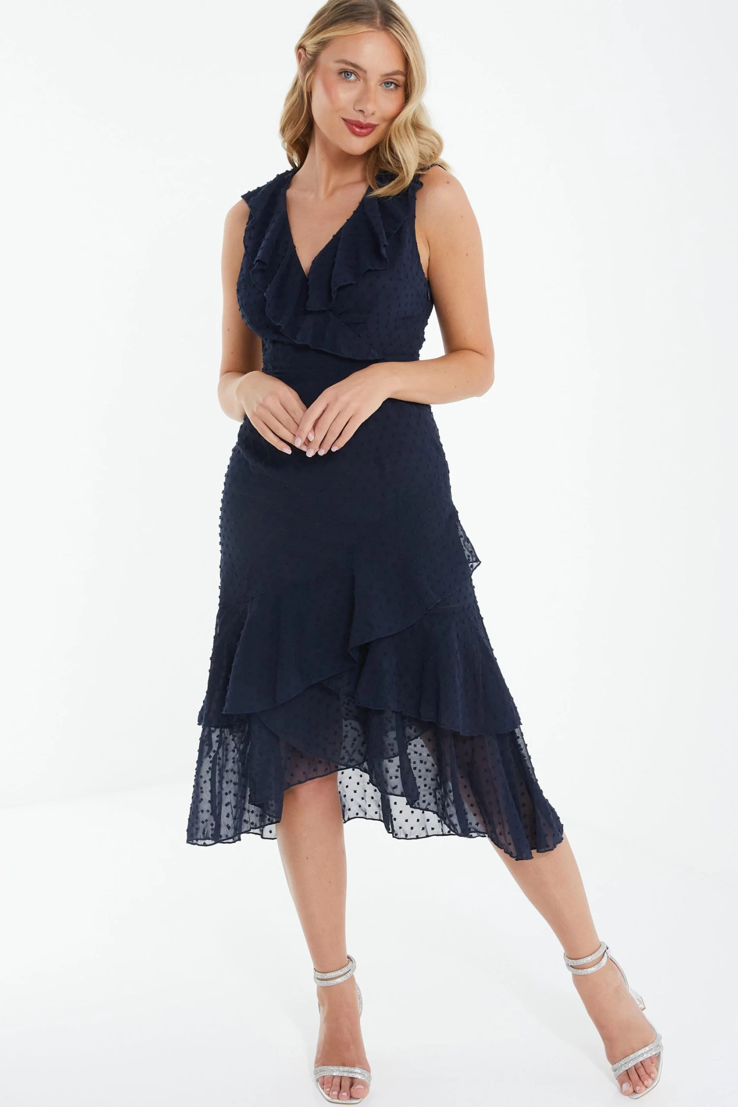Navy Chiffon Dobby Wrap Midi Dress 2 Navy Chiffon Dobby Wrap Midi Dress - Image 2