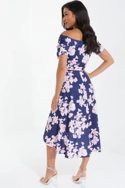 Navy Floral Bardot Dip Hem Midi Dress -Women Clothing Sale 00100037576 XB