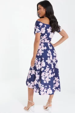 Navy Floral Bardot Dip Hem Midi Dress -Women Clothing Sale 00100037576 XB scaled