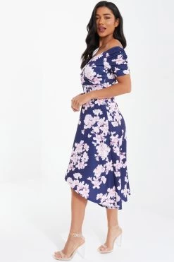 Navy Floral Bardot Dip Hem Midi Dress -Women Clothing Sale 00100037576 XS