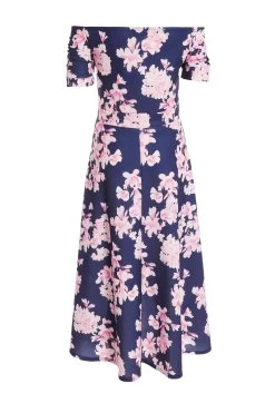 Navy Floral Bardot Dip Hem Midi Dress -Women Clothing Sale 00100037576 ZB
