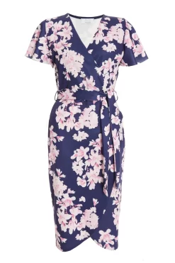 Navy Floral Wrap Midi Dress