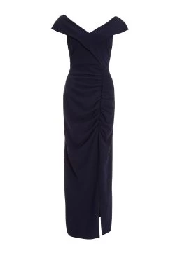 Navy Ruched Bardot Maxi Dress