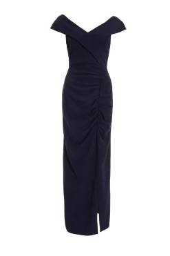 Navy Ruched Bardot Maxi Dress