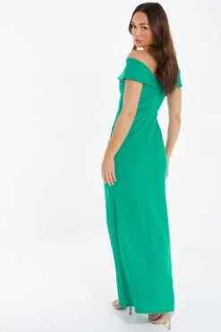 Green Ruched Bardot Maxi Dress 8 Green Ruched Bardot Maxi Dress -Women Clothing Sale 00100037581 XB