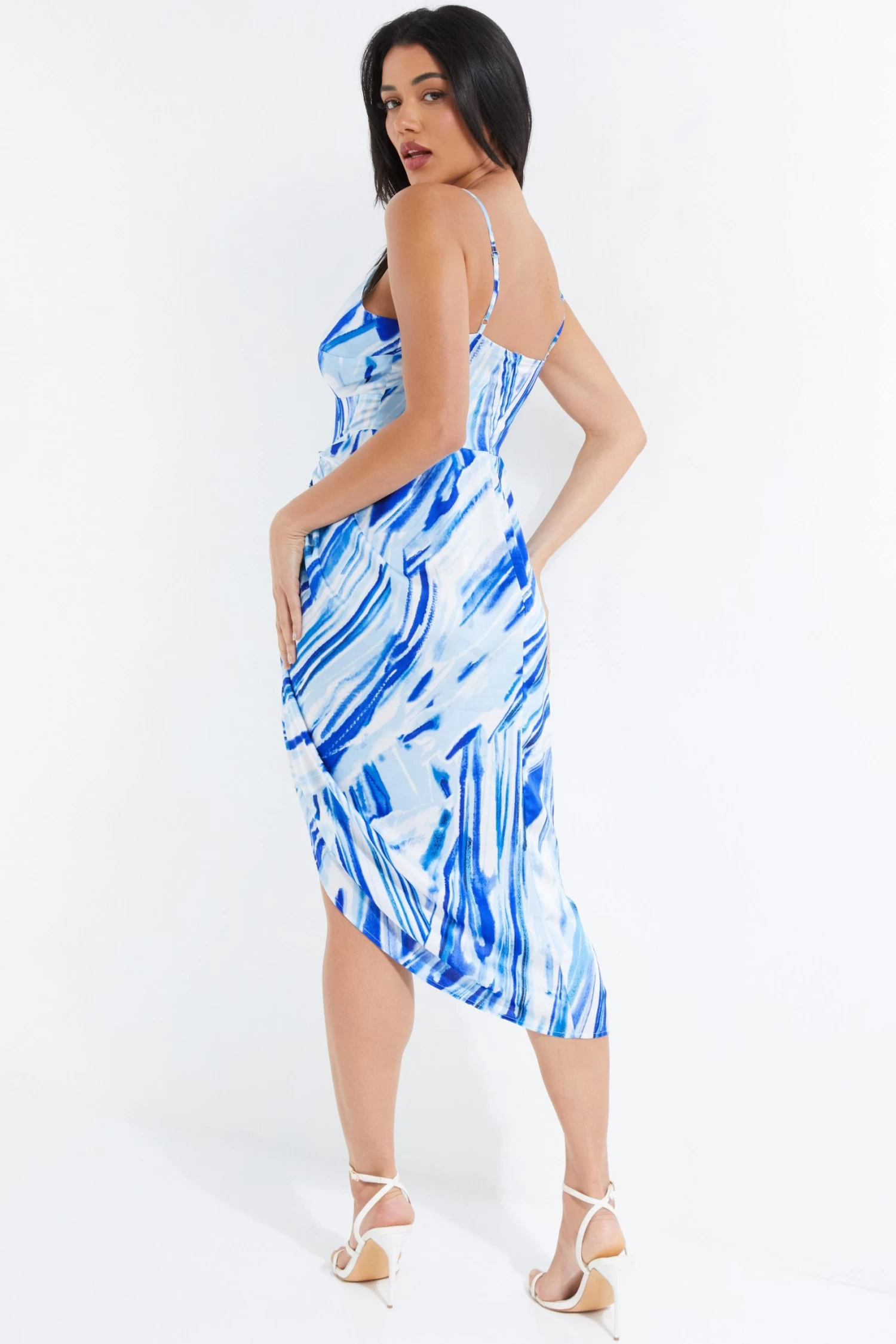 Blue Satin Brush Stroke Ruched Midi Dress 3 Blue Satin Brush Stroke Ruched Midi Dress - Image 3