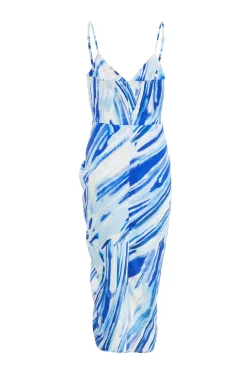 Blue Satin Brush Stroke Ruched Midi Dress 10 Blue Satin Brush Stroke Ruched Midi Dress -Women Clothing Sale 00100037587 ZB scaled