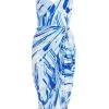 Blue Satin Brush Stroke Ruched Midi Dress