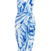 Blue Satin Brush Stroke Ruched Midi Dress