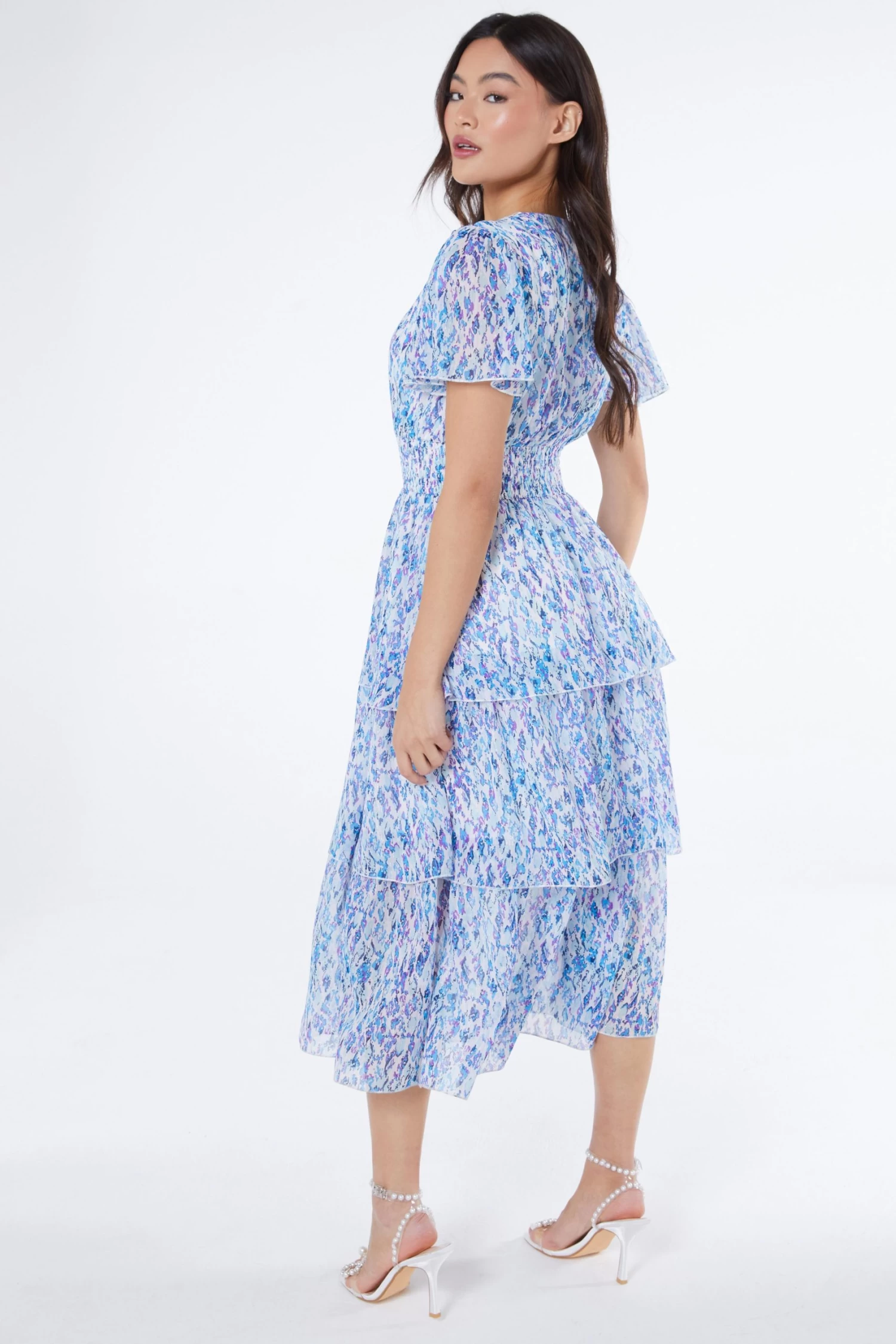 Blue Floral Tiered Wrap Midi Dress 3 Blue Floral Tiered Wrap Midi Dress - Image 3
