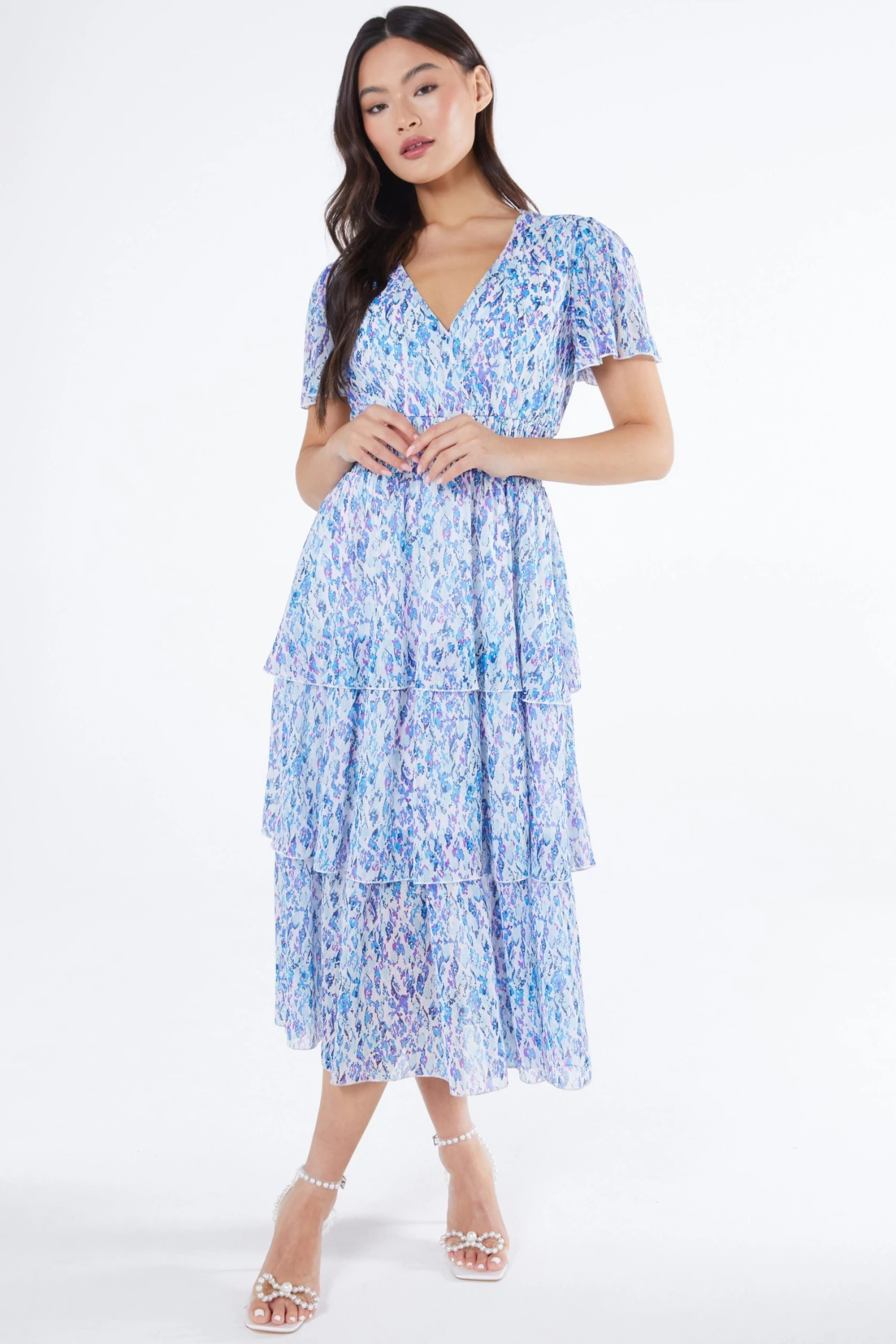 Blue Floral Tiered Wrap Midi Dress 2 Blue Floral Tiered Wrap Midi Dress - Image 2
