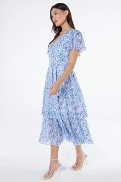 Blue Floral Tiered Wrap Midi Dress 9 Blue Floral Tiered Wrap Midi Dress -Women Clothing Sale 00100037596 XS