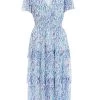 Blue Floral Tiered Wrap Midi Dress