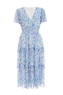 Women Clothing Sale 13 Blue Floral Tiered Wrap Midi Dress