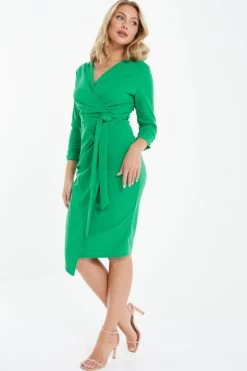 Jade Green Wrap Tie Midi Dress -Women Clothing Sale 00100037621 XS