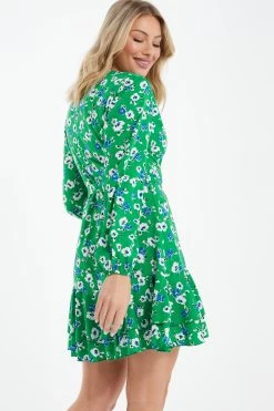 Green Floral Print Skater Mini Dress 8 Green Floral Print Skater Mini Dress -Women Clothing Sale 00100037629 XB
