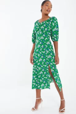 Green Floral Print Ruched Midi Dress 9 Green Floral Print Ruched Midi Dress -Women Clothing Sale 00100037630 XS scaled