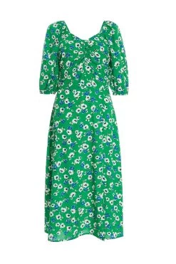 Green Floral Print Ruched Midi Dress