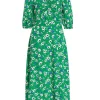Green Floral Print Ruched Midi Dress