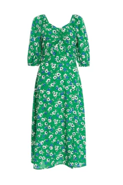 Green Floral Print Ruched Midi Dress