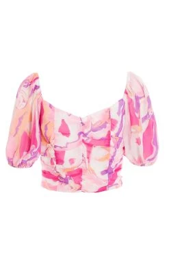 Pink Satin Marble Print Lace Up Crop Top -Women Clothing Sale 00100037703 ZB