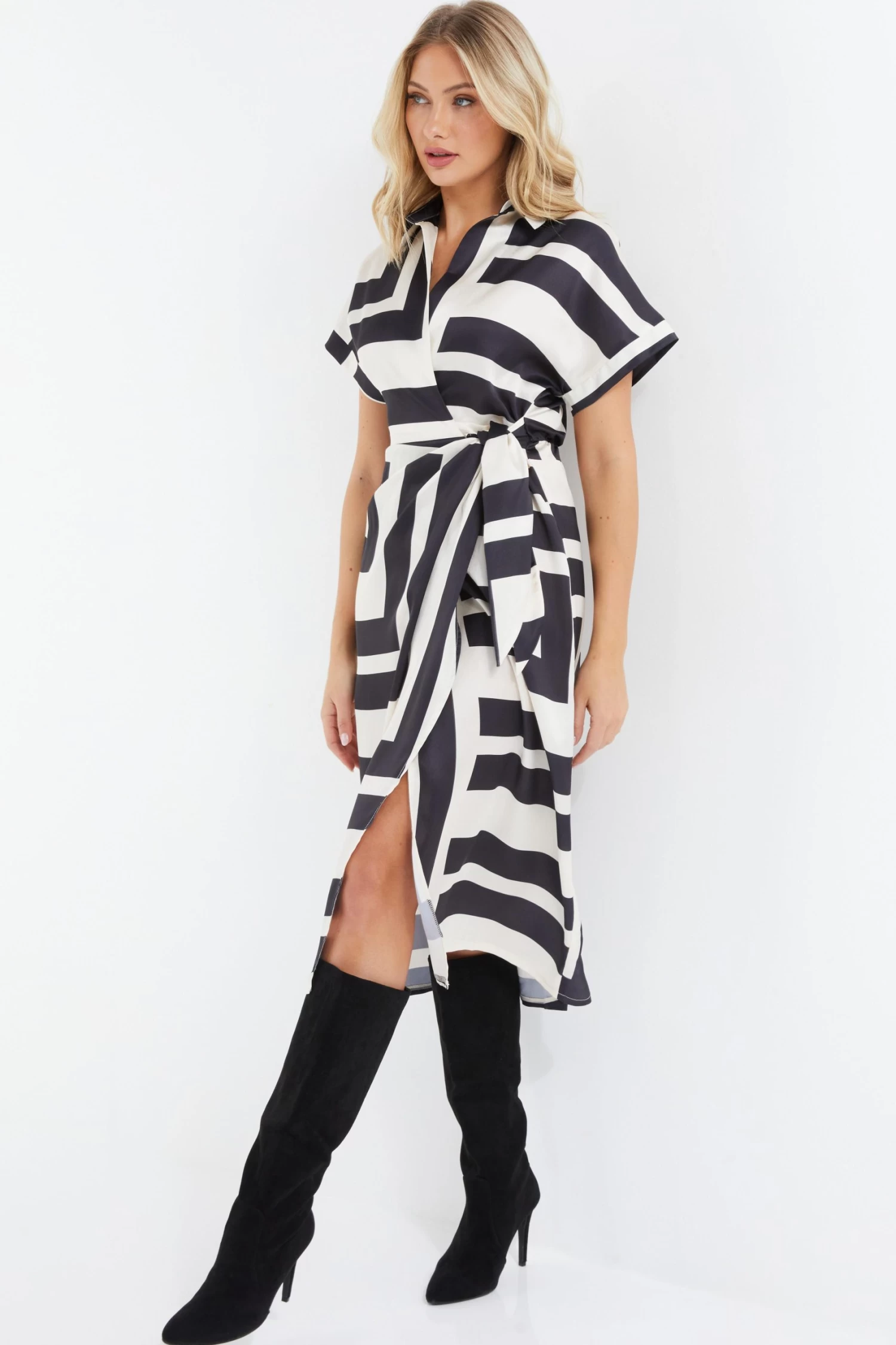 Stone Satin Stripe Print Midi Shirt Dress 4 Stone Satin Stripe Print Midi Shirt Dress - Image 4