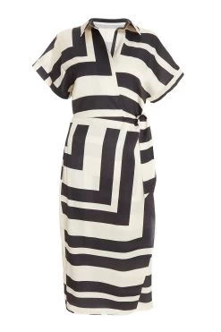 Stone Satin Stripe Print Midi Shirt Dress