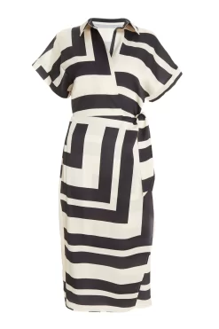 Stone Satin Stripe Print Midi Shirt Dress