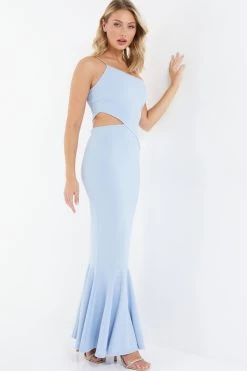 Light Blue One Shoulder Frill Hem Maxi Dress -Women Clothing Sale 00100037730 XS