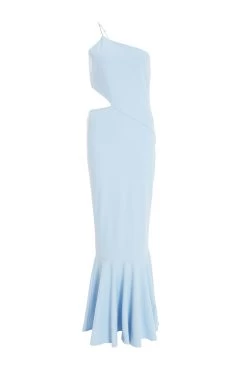Light Blue One Shoulder Frill Hem Maxi Dress