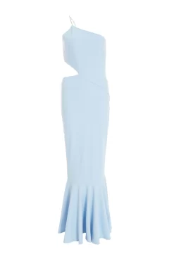 Light Blue One Shoulder Frill Hem Maxi Dress
