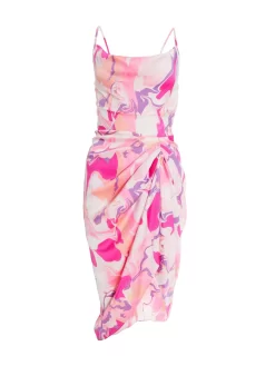 Petite Pink Satin Marble Print Wrap Midi Dress