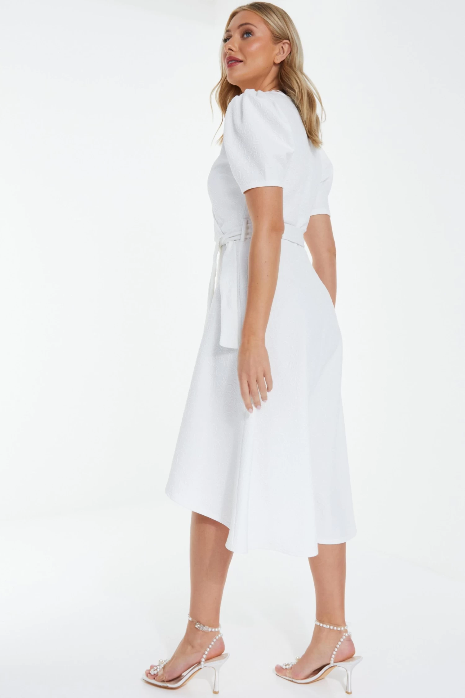 White Jacquard Print Dip Hem Midi Dress 3 White Jacquard Print Dip Hem Midi Dress - Image 3