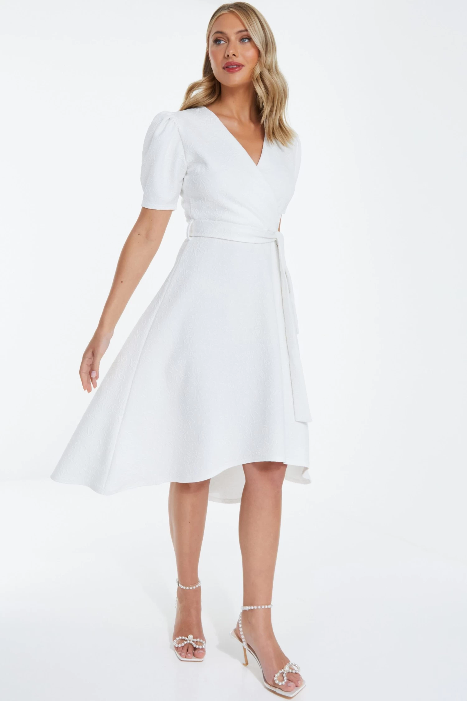 White Jacquard Print Dip Hem Midi Dress 2 White Jacquard Print Dip Hem Midi Dress - Image 2