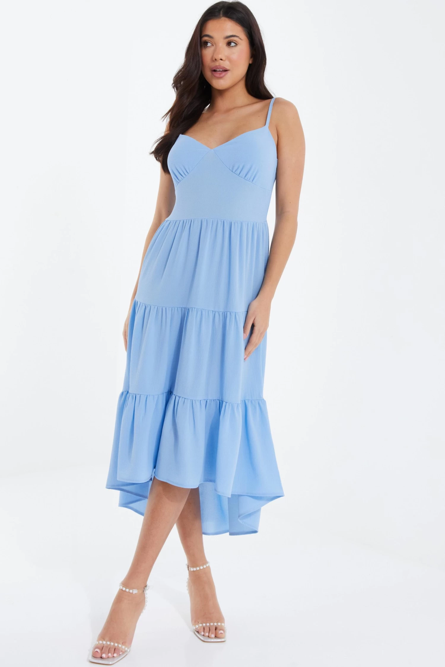 Light Blue Tiered Dip Hem Midi Dress 2 Light Blue Tiered Dip Hem Midi Dress - Image 2
