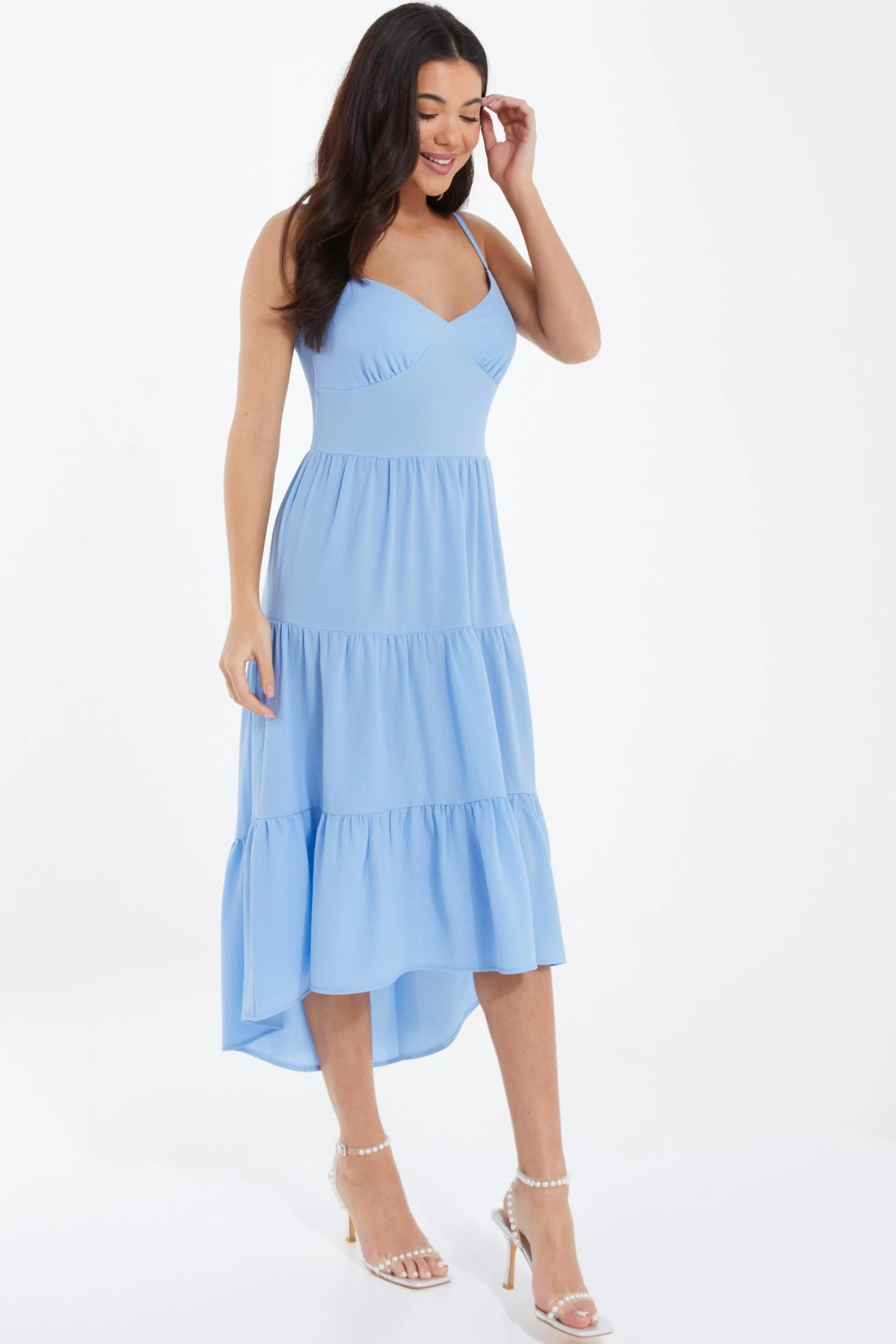 Light Blue Tiered Dip Hem Midi Dress 4 Light Blue Tiered Dip Hem Midi Dress - Image 4