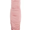 Pink Ruched Bodycon Midi Dress
