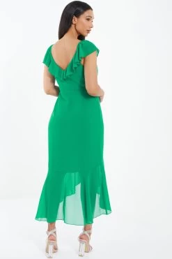 Green Wrap Frill Midi Dress -Women Clothing Sale 00100037904 XB