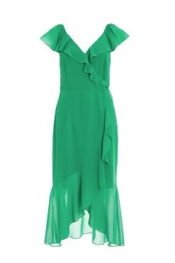 Green Wrap Frill Midi Dress