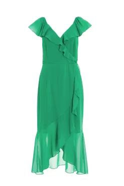 Green Wrap Frill Midi Dress