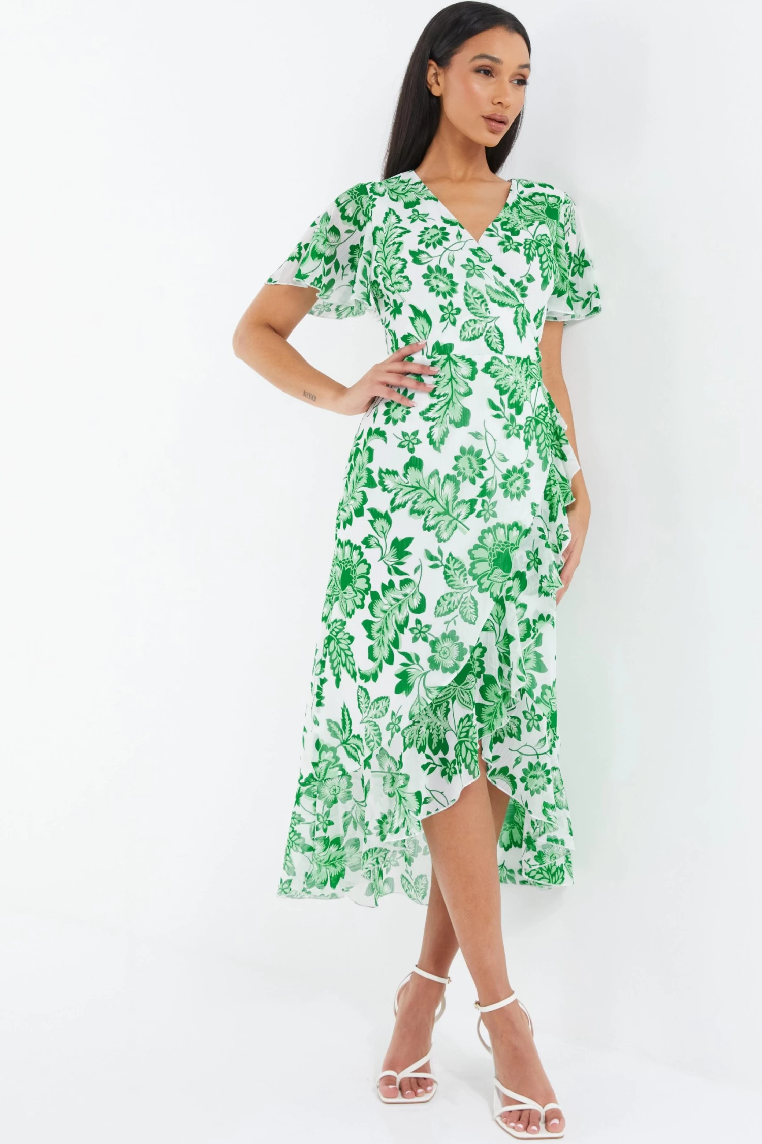 Green Tropical Print Wrap Midi Dress 2 Green Tropical Print Wrap Midi Dress - Image 2