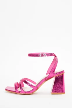 Pink Cross Strap Block Heeled Sandals