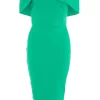 Green Bardot Bow Midi Dress
