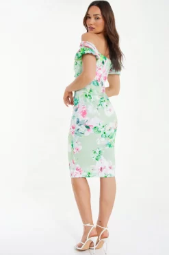 Light Green Floral Ruched Bardot Midi Dress -Women Clothing Sale 00100038046 XB scaled