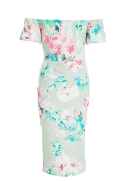 Light Green Floral Ruched Bardot Midi Dress -Women Clothing Sale 00100038046 ZB scaled