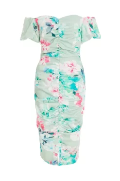 Light Green Floral Ruched Bardot Midi Dress
