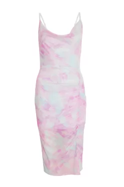 Pink Mesh Marble Print Ruched Midi Dress