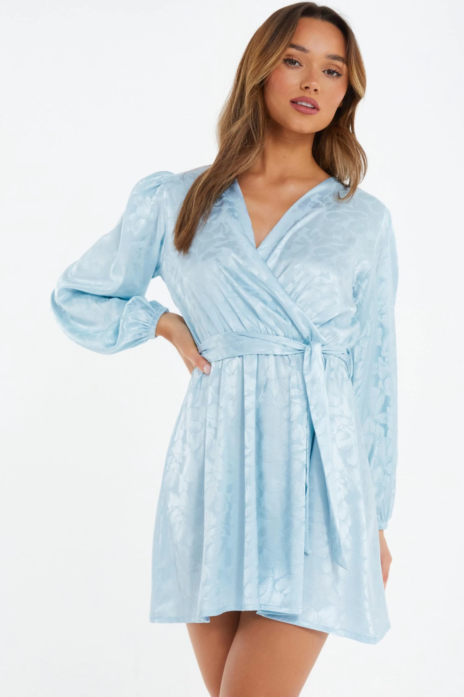 Light Blue Satin Jacquard Wrap Mini Dress 2 Light Blue Satin Jacquard Wrap Mini Dress - Image 2