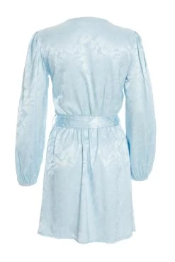 Light Blue Satin Jacquard Wrap Mini Dress 10 Light Blue Satin Jacquard Wrap Mini Dress -Women Clothing Sale 00100038105 ZB